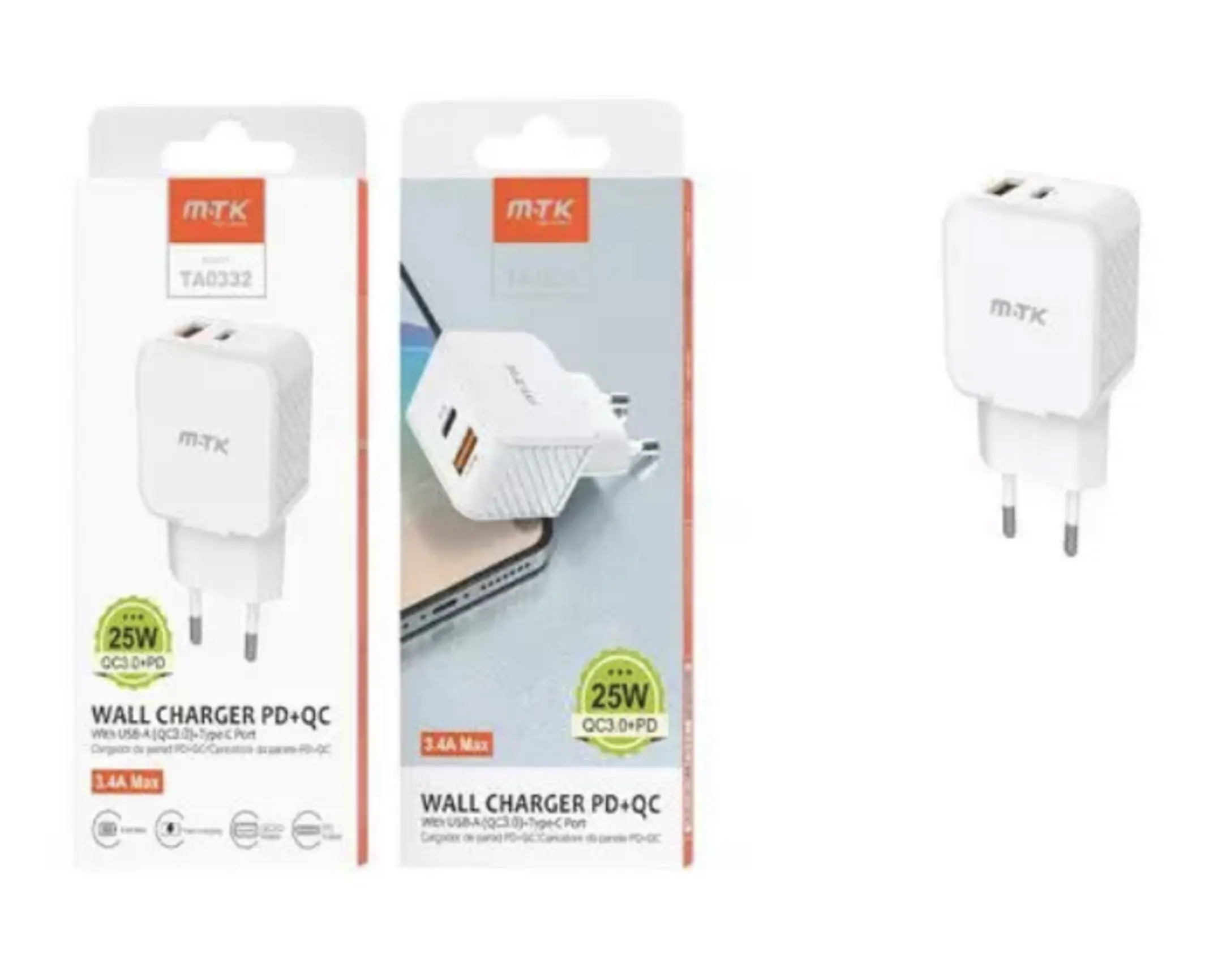 Cargador Pared M.Tk Usb 5V 3.4A 25W Usb/Tipo C Blanco Ta0332