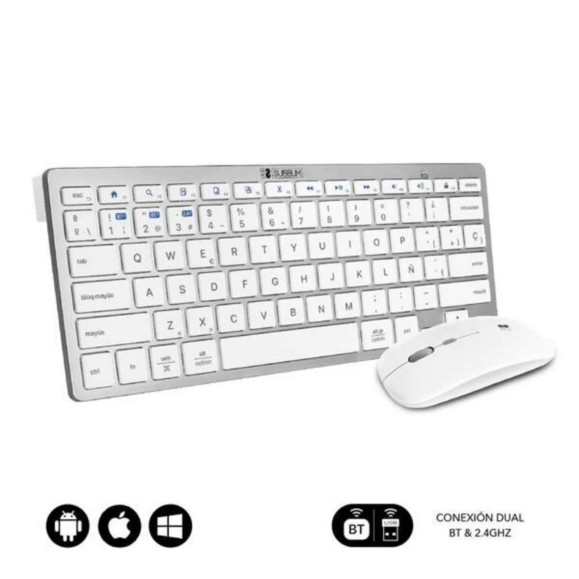 Teclado Y Ratón Subblim Combo Multidispositivo Compacto Bluetooth/Receptor Usb Plata / Blanco Subkbc-oco010